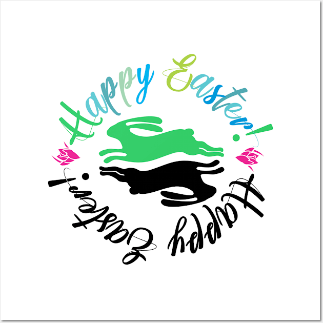 Happy Easter Cute Playful Green And Black Bunnies Illustration Wall Art by ZAZIZU